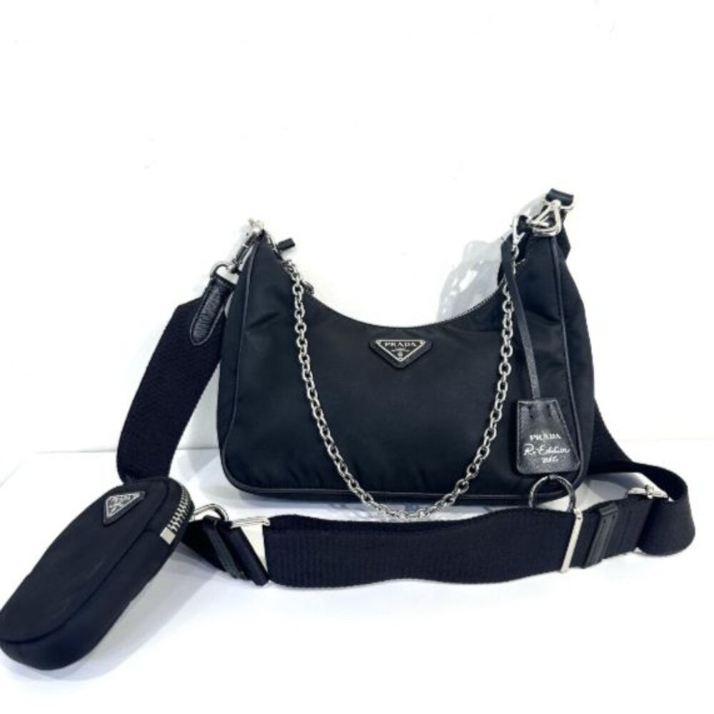 Prada Re-Edition 2005 Nylon Shoulder Bag Black W/ Pouch & Chain Strap